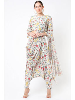 Payal Singhal - Cream Print Crop Top and Dhoti with Attached Drape (Set of 2)