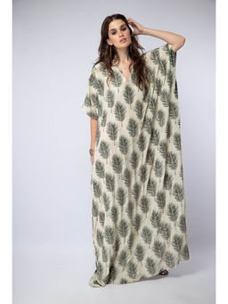 Payal Singhal - Cream Printed Crepe Kaftan Dress with Belt (Set of 2)