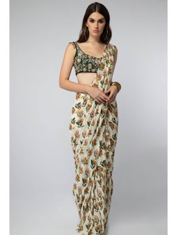 Payal Singhal - Emerald Green Printed Saree with Petticoat and Stitched Blouse
