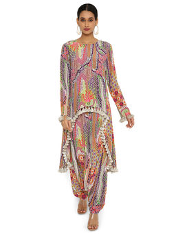 Payal Singhal - Multi-Colour Print Crepe High Low Kurta with Dhoti (Set of 2)