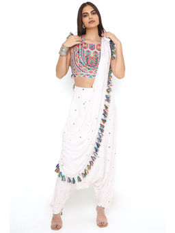 Payal Singhal - Off White Crop Top and Dhoti with Attached Drape (Set of 2)
