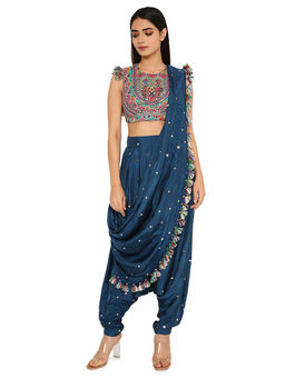 Payal Singhal - Blue Embroidered Crop Top with Dhoti with Attached Drape (Set of 2)
