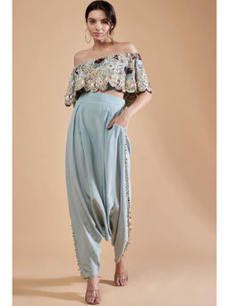 Payal Singhal - Blue Embroidered Crop Top with Dhoti (Set of 2)