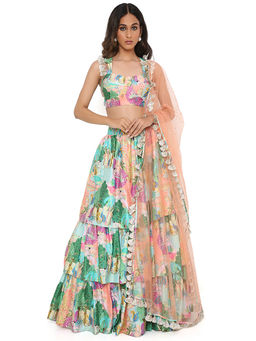 Payal Singhal - Green Print Bustier and Ruffle Lehenga and Dupatta (Set of 3)