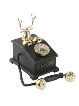 Decor Antique - Vintage Wooden Telephone Brass Finish Black Sculpture
