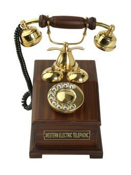 Decor Antique - Vintage Wooden Telephone Brass Finish Brown Sculpture