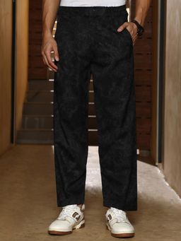 Campus Sutra - Mens Midnight Black Splatter-Imprint Straight-Fit Trousers