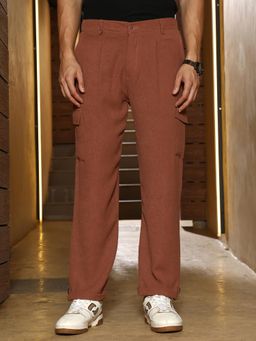 Campus Sutra - Mens Teddy Brown Pleated-Textured Cargo Trousers