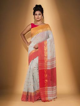 Beatitude - Off White Handspun Cotton Woven Saree with Unstitched Blouse