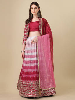 Amrutam Fab - Womens Pink Color Satin Print with Embroidered Jacket and Lehenga Choli (Pack of 4)