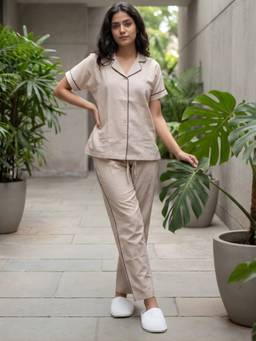 Bannos Swagger - Beige Solid Collared Cotton Shirt with Pyjama for Women