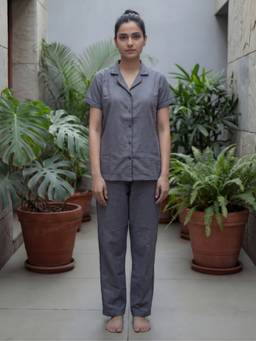 Bannos Swagger - Black Solid Collared Cotton Shirt with Pyjama for Women