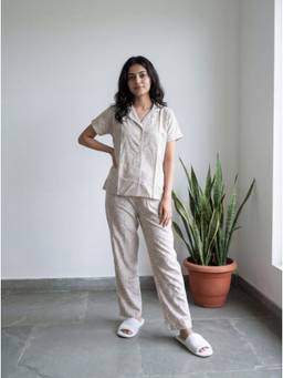 Bannos Swagger - Beige Printed Collared Shirt with Pyjama for Women