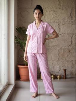 Bannos Swagger - Baby Pink Printed Collared Shirt with Pyjama for Women