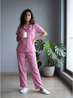 Bannos Swagger - Pink Printed Collared Shirt with Pyjama for Women