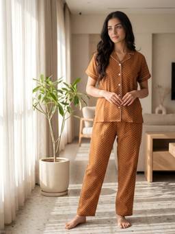Bannos Swagger - Brown Printed Collared Shirt with Pyjama for Women