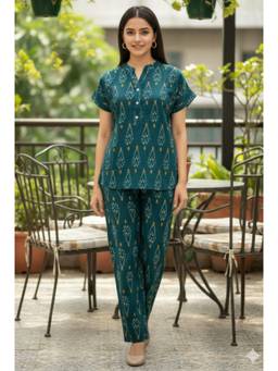 Bannos Swagger - Teal Printed Mandarin Collar Cotton Top with Pyjama