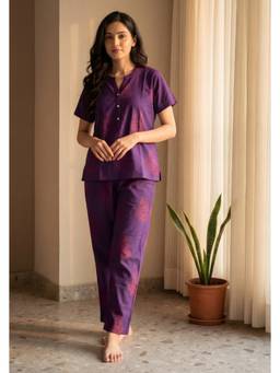 Bannos Swagger - Purple Printed Mandarin Collar Cotton Top with Pyjama