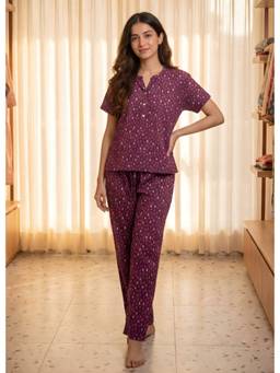 Bannos Swagger - Dark Purple Printed Mandarin Collar Top with Pyjama