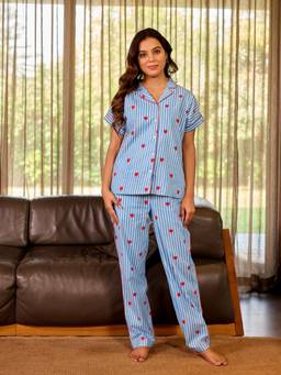 Bannos Swagger - Powder Blue Solid Collared Shirt with Pyjama for Women