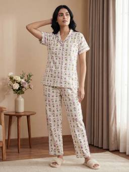 Bannos Swagger - Cream Printed Collared Shirt with Pyjama for Women