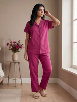 Bannos Swagger - Hot Pink Solid Collared Shirt with Pyjama for Women