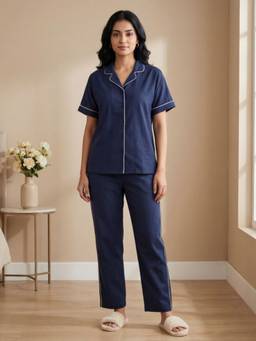Bannos Swagger - Navy Blue Solid Collared Cotton Shirt with Pyjama for Women
