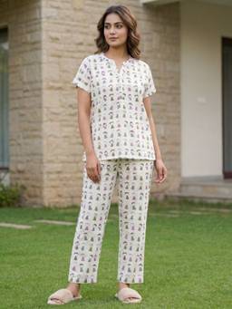 Bannos Swagger - Cream Printed Mandarin Collar Cotton Top with Pyjama