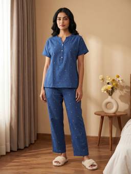 Bannos Swagger - Royal Blue Printed Mandarin Collar Top with Pyjama