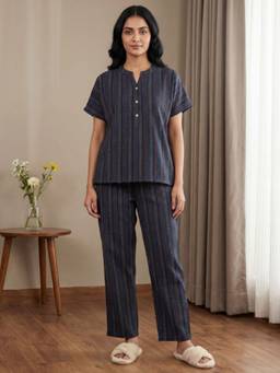 Bannos Swagger - Navy Blue Printed Mandarin Collar Cotton Top with Pyjama