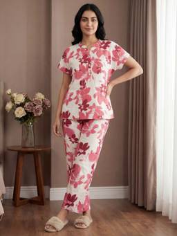 Bannos Swagger - Pink Printed Mandarin Collar Cotton Top with Pyjama