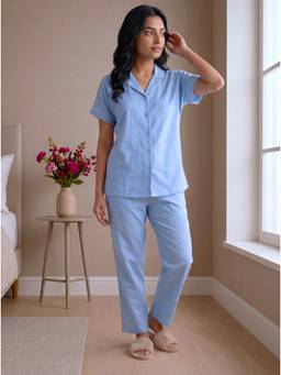 Bannos Swagger - Powder Blue Solid Collared Shirt with Pyjama for Women