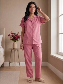 Bannos Swagger - Red Solid Collared Cotton Shirt with Pyjama for Women