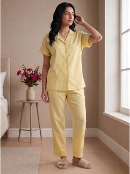 Bannos Swagger - Yellow Solid Collared Shirt with Pyjama for Women