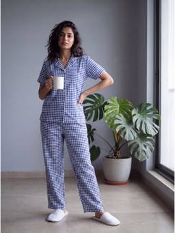Bannos Swagger - Blue Printed Collared Shirt with Pyjama for Women