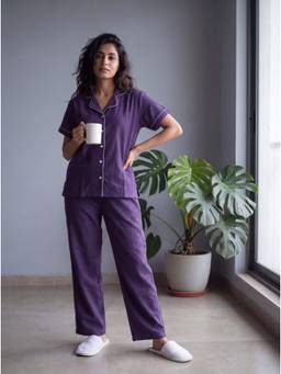 Bannos Swagger - Purple Solid Collared Shirt with Pyjama for Women