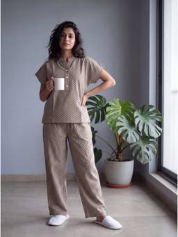 Bannos Swagger - Beige Printed Mandarin Collar Cotton Top with Pyjama