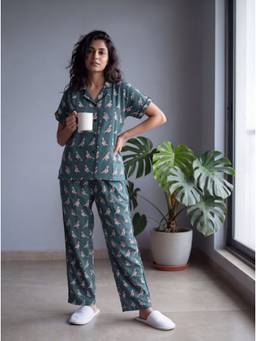 Bannos Swagger - Teal Printed Collared Shirt with Pyjama for Women