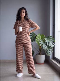 Bannos Swagger - Brown Printed Mandarin Collar Cotton Top with Pyjama