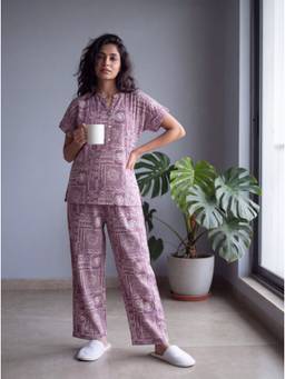 Bannos Swagger - Mauve Printed Mandarin Collar Cotton Top with Pyjama
