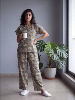 Bannos Swagger - Grey Printed Mandarin Collar Cotton Top with Pyjama