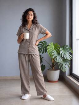 Bannos Swagger - Brown Solid Collared Cotton Shirt with Pyjama for Women