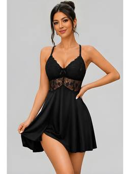 BROIDEN - Black Women Self Design Shoulder Straps Baby Doll