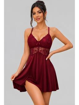 BROIDEN - Maroon Women Self Design Shoulder Straps Baby Doll
