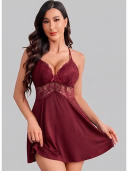 BROIDEN - Maroon Women Self Design Shoulder Straps Baby Doll