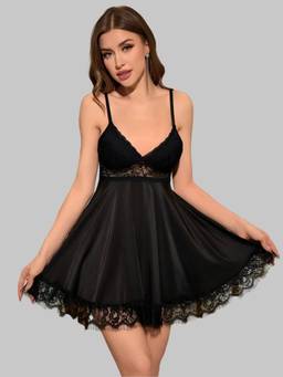 BROIDEN - Black Women Self Design Shoulder Straps Baby Doll