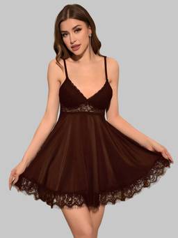 BROIDEN - Brown Women Self Design Shoulder Straps Baby Doll