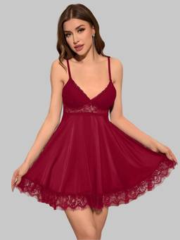 BROIDEN - Maroon Women Self Design Shoulder Straps Baby Doll