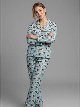 Pyjama Party - Turquoise Snuggle Pug Button Down Shirt with Pyjama