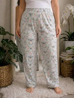 Oxolloxo - White Women Plus Size Green Floral Print Elasticated Satin Nightwear Pyjama